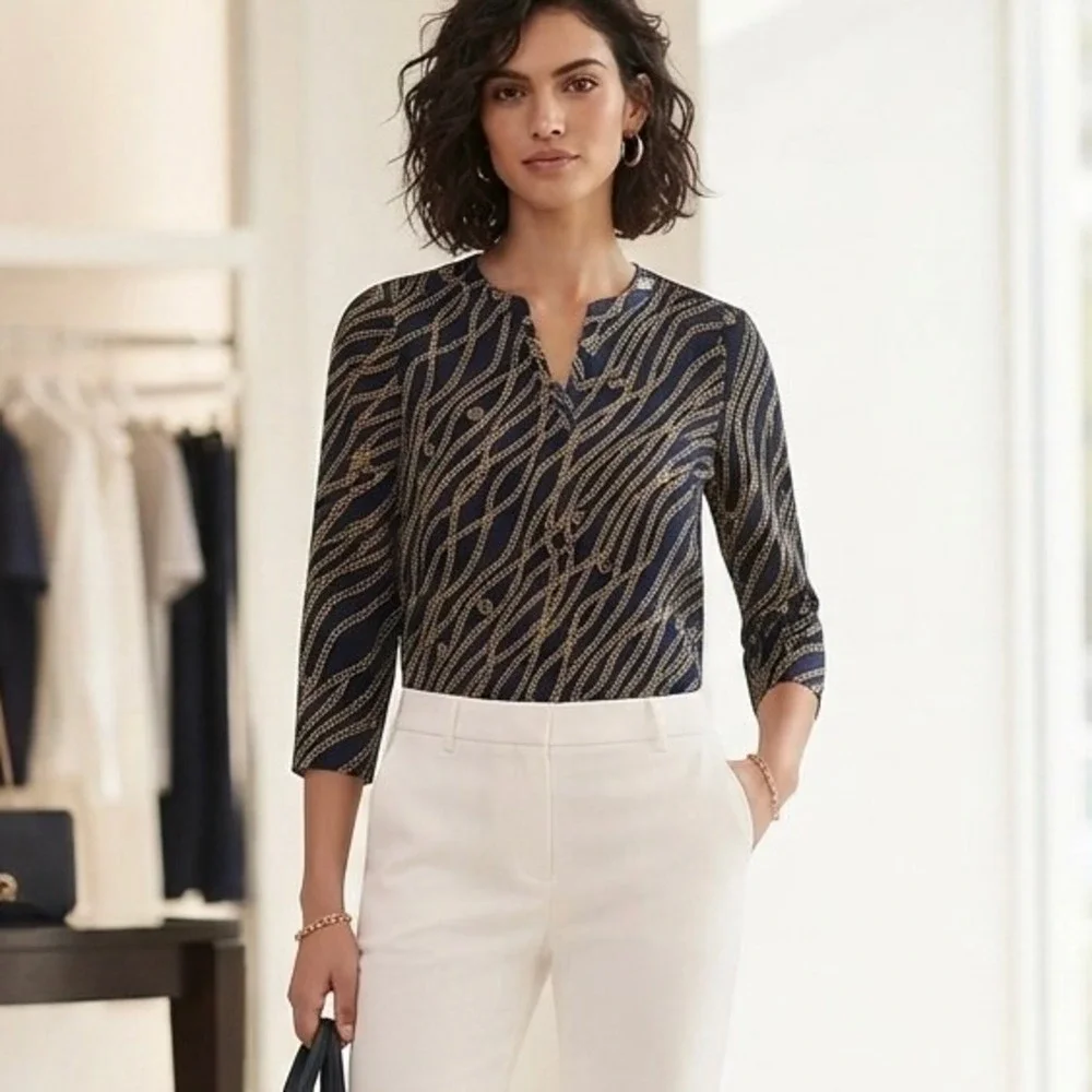 Michael Michael Kors Womens M Navy Gold Chain Link MK Logo Tie Sleeve Blouse Top